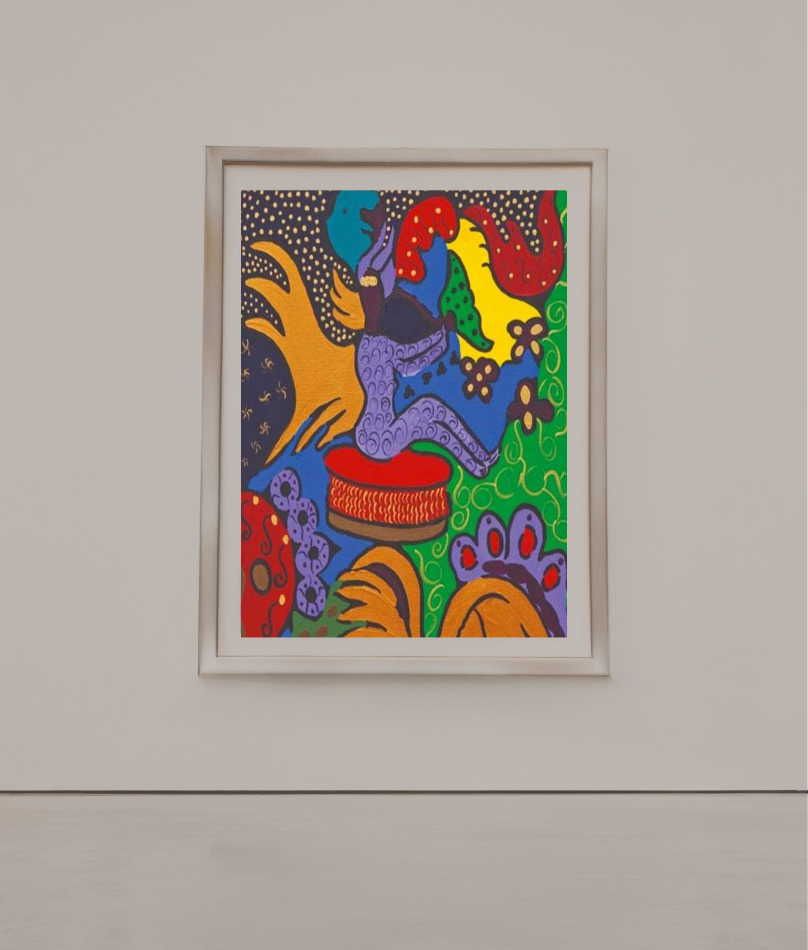 Colorful abstract painting with vibrant patterns and shapes in a white frame on a gray wall.