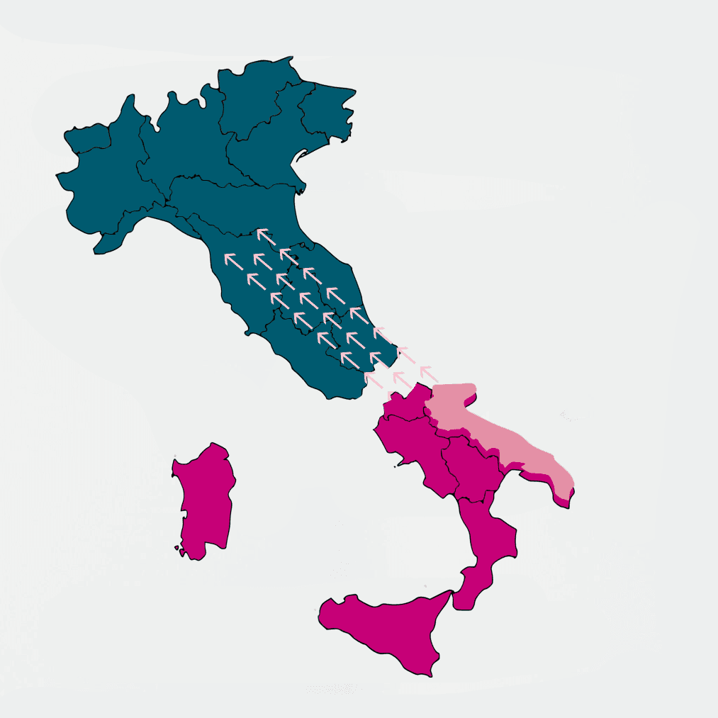 Mappa dell'Italia divisa in due con forte migrazione sanitaria dalla Calabriaverso il nord